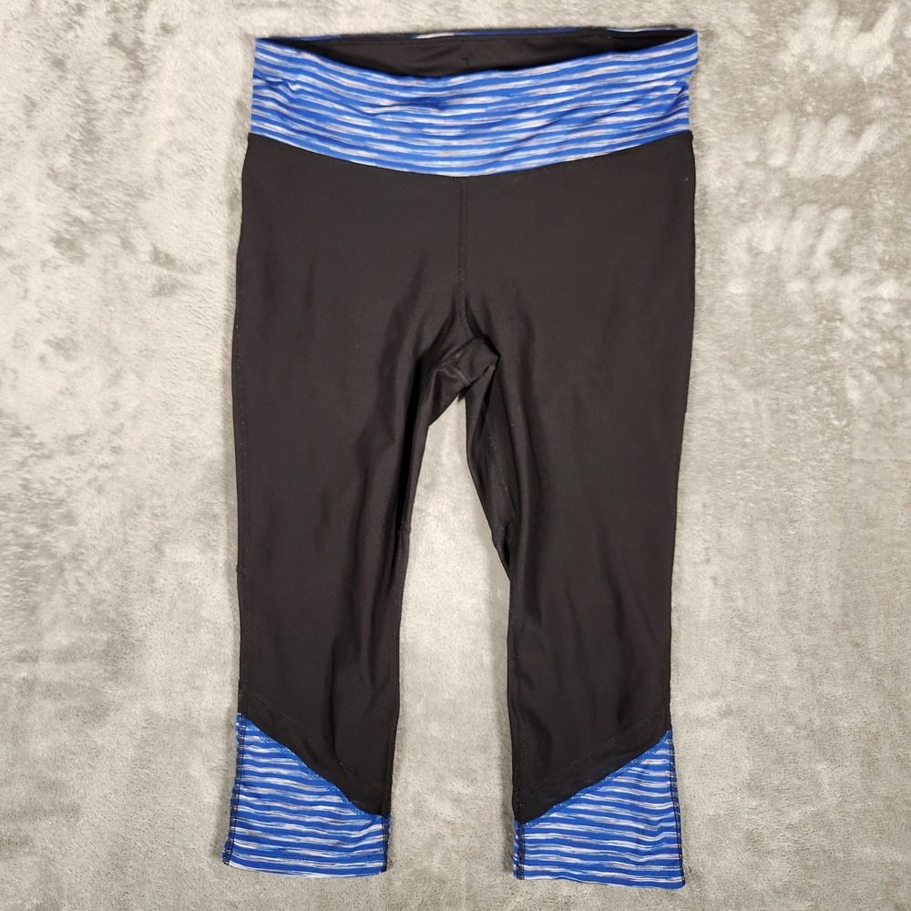 Xersion Capri Leggings Women Medium Black Blue Excellent Mesh‎ Space Dye Striped